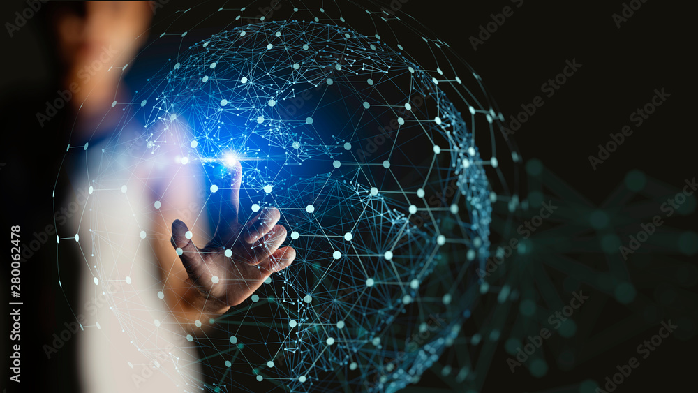 Poster Hand touching Telecommunication network and wireless mobile internet technology  with 5G LTE data connection of global business, fintech, blockchain.