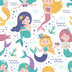 Seamless pattern with cute mermaids, seaweed