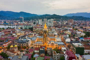 Naklejka premium Panoramic view of Batumi and Batumi Piazza, Georgia. Twilight over the old city and Downtown of Batumi - capital of Adjara, Georgia.