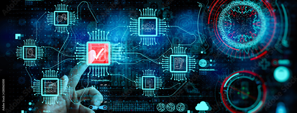 Poster Hand touching with Data Management System (DMS) and Business Analytics concept with servers connected to dashboard.