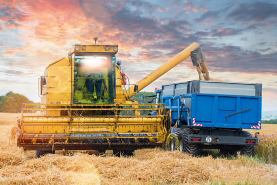 combine and a tractor during the harvest