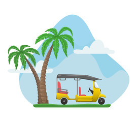 Vector tuk tuk near palms. A flat cartoon illustration of Asian public transport.