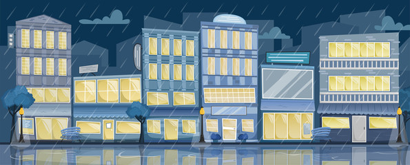 Flat vector night rainy city landscape. Street with bright houses, signs, trees and benches.