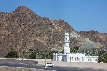 Muscat white mosque mountain view, Oman