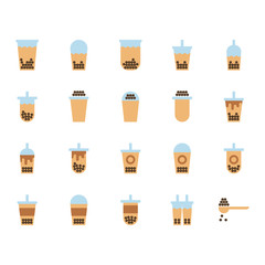 Bubble milk tea in flat icon set.Vector illustration