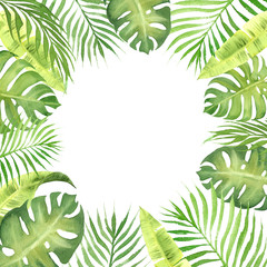 Fototapeta na wymiar watercolor border frame with green tropical leaves
