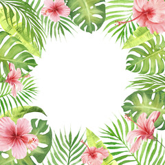Fototapeta na wymiar watercolor border frame green tropical leaves and flowers