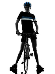 one caucasian cyclist woman cycling riding bicycle in silhouette isolated on white background