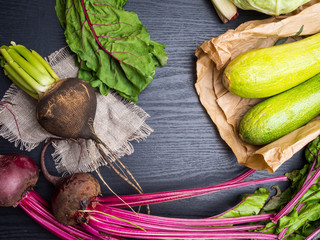 The concept of healthy food, for vegan, gluten free, allergy-friendly, clean eating or raw diet, zucchini, mangold, beet, radish, cabbage, seasonal harvest vegetables, rich in fiber
