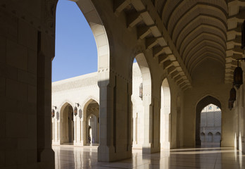 Fototapeta na wymiar Muscat, Oman - July 16, 2019: Sultan Qaboos Grand Mosque gallery.