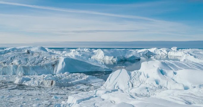 Drone video of Iceberg and ice from glacier in arctic nature landscape on Greenland. Aerial video drone photo of icebergs in Ilulissat icefjord. Affected by climate change and global warming.