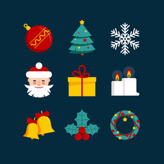 Christmas and New Year 2020 flat color icon set with snowflakes, christmas tree, balls, santa and other stuff on the dark blue background. Vector illustation for xmas holidays.