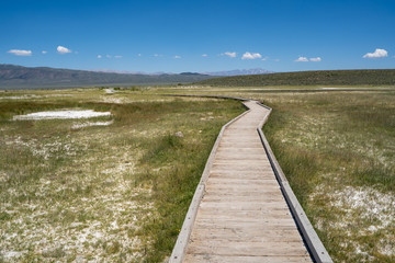 Obraz premium Elevated boardwalk leading to Wild Willys Hot Springs in Mammoth Lakes California