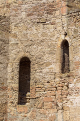 Ancient stone and brick Akkerman fortress, Belgorod-Dniester, Ukraine 13th century, part of the southeastern defensive wall. Fragment of the fortress wall, an ancient tile on a defensive tower