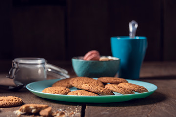 Breakfast with coffee, cookies and macaroons