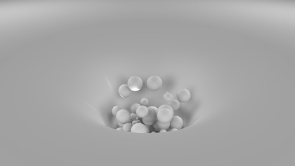 3D image of many white balls of different sizes flying out of the hole on the surface. All objects in the scene are the same color, monocolor. 3D rendering, background, abstract for your desktop.