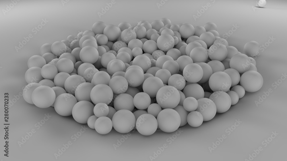 Poster 3d image of many white balls of different sizes in one big pile on a white surface. all objects in t