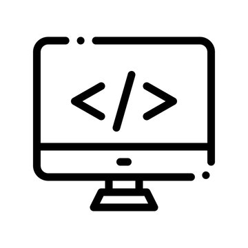 Coding Computer Monitor Vector Thin Line Icon. Coding System, Data Encryption Linear Pictogram. Web Development, Programming Languages, Bug Fixing, HTML, Script Contour Illustration