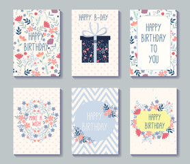 Birthday set design template with flowers. Collection of beautiful greeting cards. Vector illustration