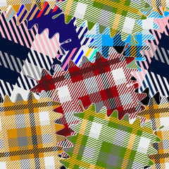 Colorful plaids seamless pattern. Vector textured tartan patchworks background. Striped materials. Geometric abstract repeat backdrop. Stripes, shapes, lines, squares. Wavy frame. Modern plaid texture