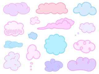 Colorful clouds on isolation background. Hatching doodles on white. Hand drawn infographic elements. Colored illustration. Sketches for artworks