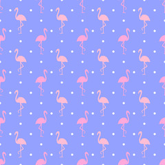 Seamless dotted wallpaper with flamingos. Cartoon birds. Print for polygraphy, shirts and textiles. Abstract texture. Pattern for design. Colorful illustration