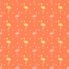 Seamless dotted wallpaper with flamingos. Cartoon birds. Print for polygraphy, shirts and textiles. Abstract texture. Pattern for design. Colorful illustration