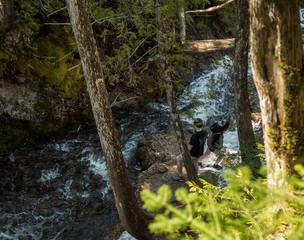 Hikers in the forest by a river