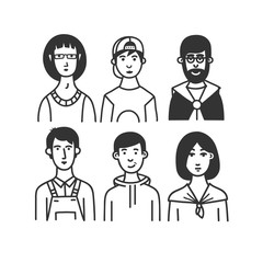 Large collection of  cartoon characters or avatars with different hairstyles and accessories hand drawn with contour lines in one  color. 