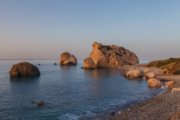 Petra tou Romiou, famous as a birthplace of Aphrodite. Venus rock, sunrise time, Cyprus.