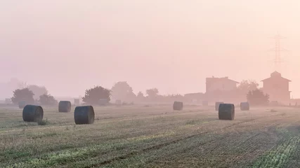 Photo sur Aluminium Tour de Pise The morning mist of dawn covers the fields of the Tuscan countryside where hay bales lie, Italy