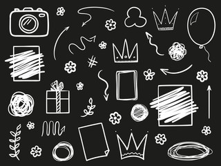 Hand drawn abstract geometric shapes on black. Grungy signs with array of lines. Black and white illustration. Sketchy elements for design