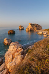 Petra tou Romiou, famous as a birthplace of Aphrodite. Venus rock, sunrise time, Cyprus.