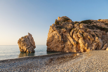 Petra tou Romiou, famous as a birthplace of Aphrodite. Venus rock, sunrise time, Cyprus.