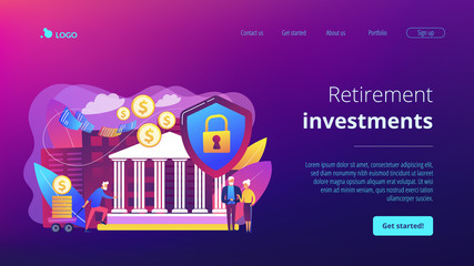 Senior people savings fund, pensioners earnings. Retirement investments, retirement budget development, contribution in pension account concept. Website homepage landing web page template.