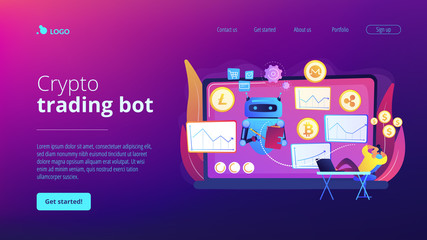 Cryptocurrency mining software, artificial intelligence for e business. Crypto trading bot, automated AI tradings, best bitcoin trading bot concept. Website homepage landing web page template.