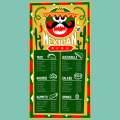 Mexican menu for restaurant and cafe. Design template with food hand-drawn graphic illustrations. - Vector