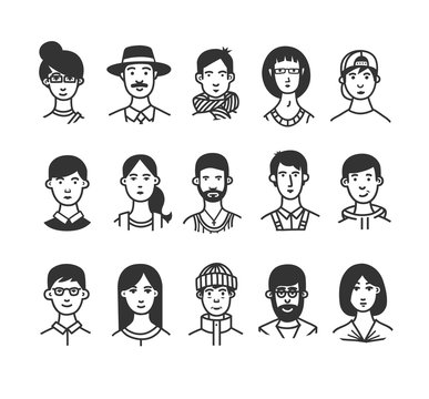 Large collection of  cartoon characters or avatars with different hairstyles and accessories hand drawn with contour lines in one  color. Monochrome vector illustration.
