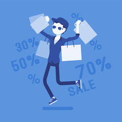 Obraz premium Sale for happy boy. Man enjoys buying at lower price, consumer carrying out purchase bags after shopping, getting goods. Vector illustration with faceless character, discount percentage background