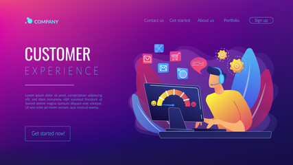 Clients assistance, call center, hotline operator, consultant manager. Customer care, seamless and personalized service, customer experience concept. Website homepage landing web page template.