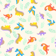 Vintage with dinosaur for fabric design. Seamless floral background pattern. Vector illustration art. Summer tropical leaf. Fabric wallpaper print texture. Vintage background pattern seamless.