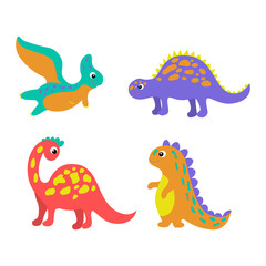 Set of colorful dinosaurs in beautiful style on white background. Cute cartoon dino design. Happy smile set vector. Internet concept. Cartoon style, flat isolated vector. Cute character design.