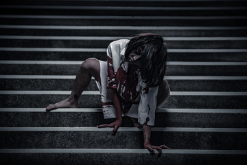 Portrait of asian woman make up ghost face,Horror scene,Scary background,Halloween poster