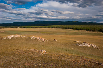 View of a field with stones and a forest with hills. Far away farm and forest. Clouds in the sky. Yellow tones.