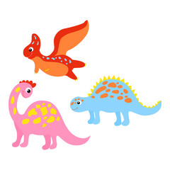 Set of colorful dinosaurs in beautiful style on white background. Cute cartoon dino design. Happy smile set vector. Internet concept. Cartoon style, flat isolated vector. Cute character design.