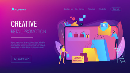 Shopping sale. Discount offer. Loyalty program. Customer attraction marketing. Sales promotion, creative retail promotion, boost your sales concept. Website homepage landing web page template.
