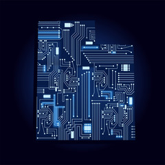 Contour map of Utah with a technological electronics circuit. USA state. Blue background.