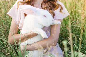 White rebbit in woman hands, cruelty free,  not tested on animals concept