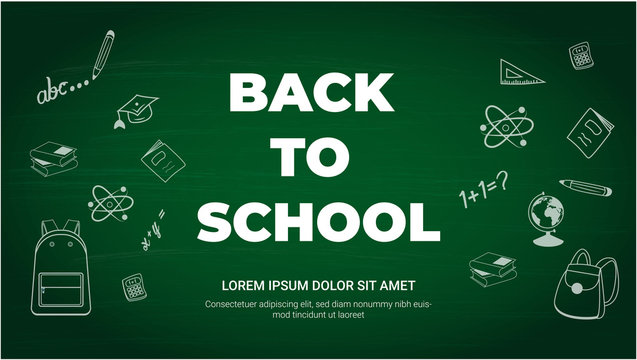 Back to school banner on green board background. Shopping sale, promo poster, card, wallpaper, flyer, discount, shop, market, special offer.  Ad concept. Vector illustration