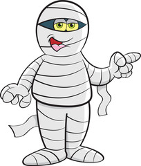 Cartoon illustration of a happy mummy pointing.